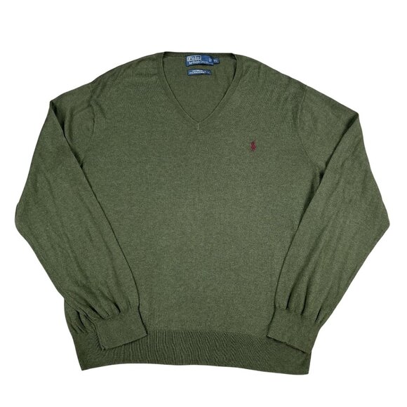 Polo Ralph Lauren Mens Forest Green 100% Pima Cotton V-Neck Sweater Sz XL - Picture 1 of 5
